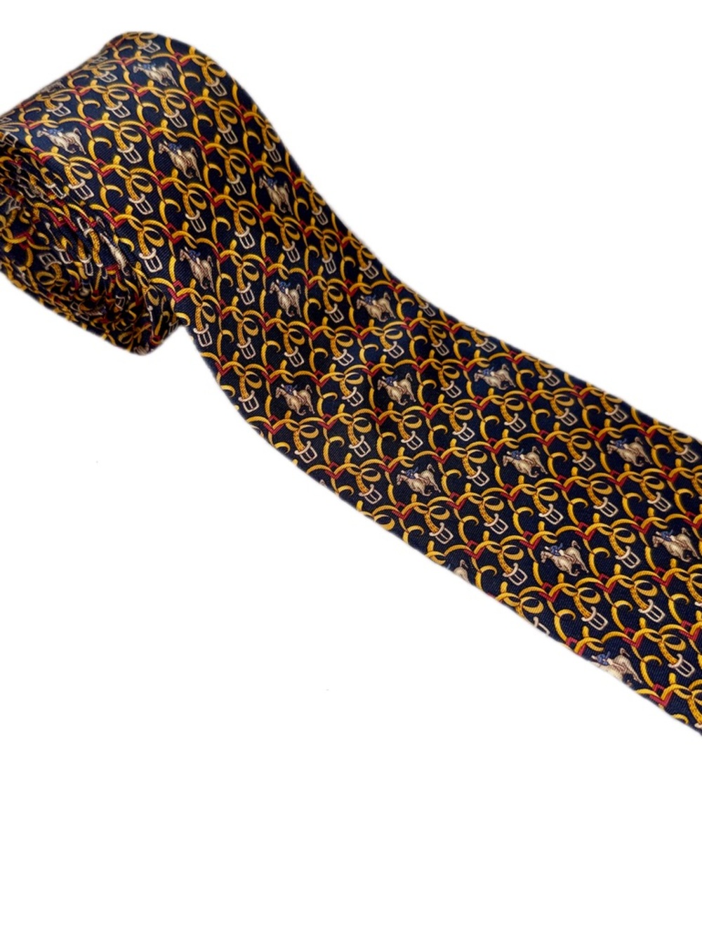 Brooks Brothers Navy Silk Horse Print Tie with Gold and Red Chain Pattern